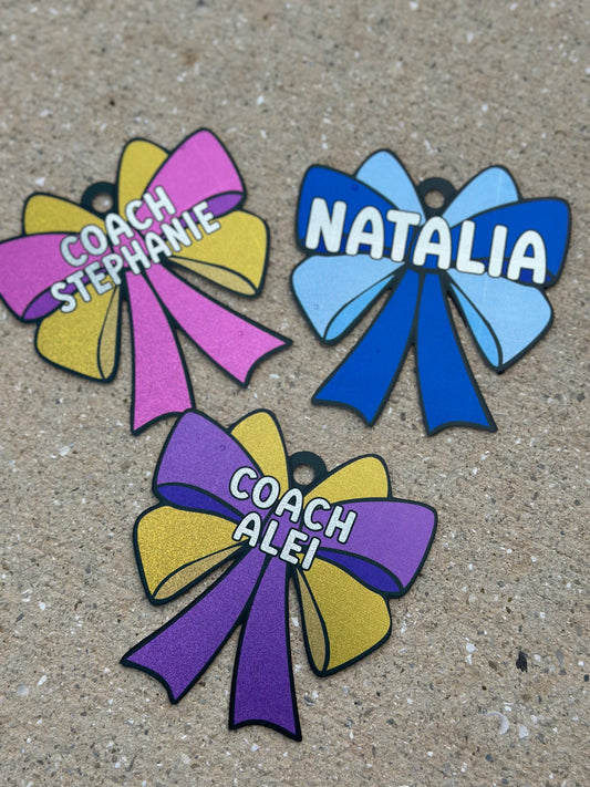 Personalized Cheer Bow Bag Tag – Glitter Holographic Cheer Tag with Name – Custom Team Gift for Cheerleaders & Squads