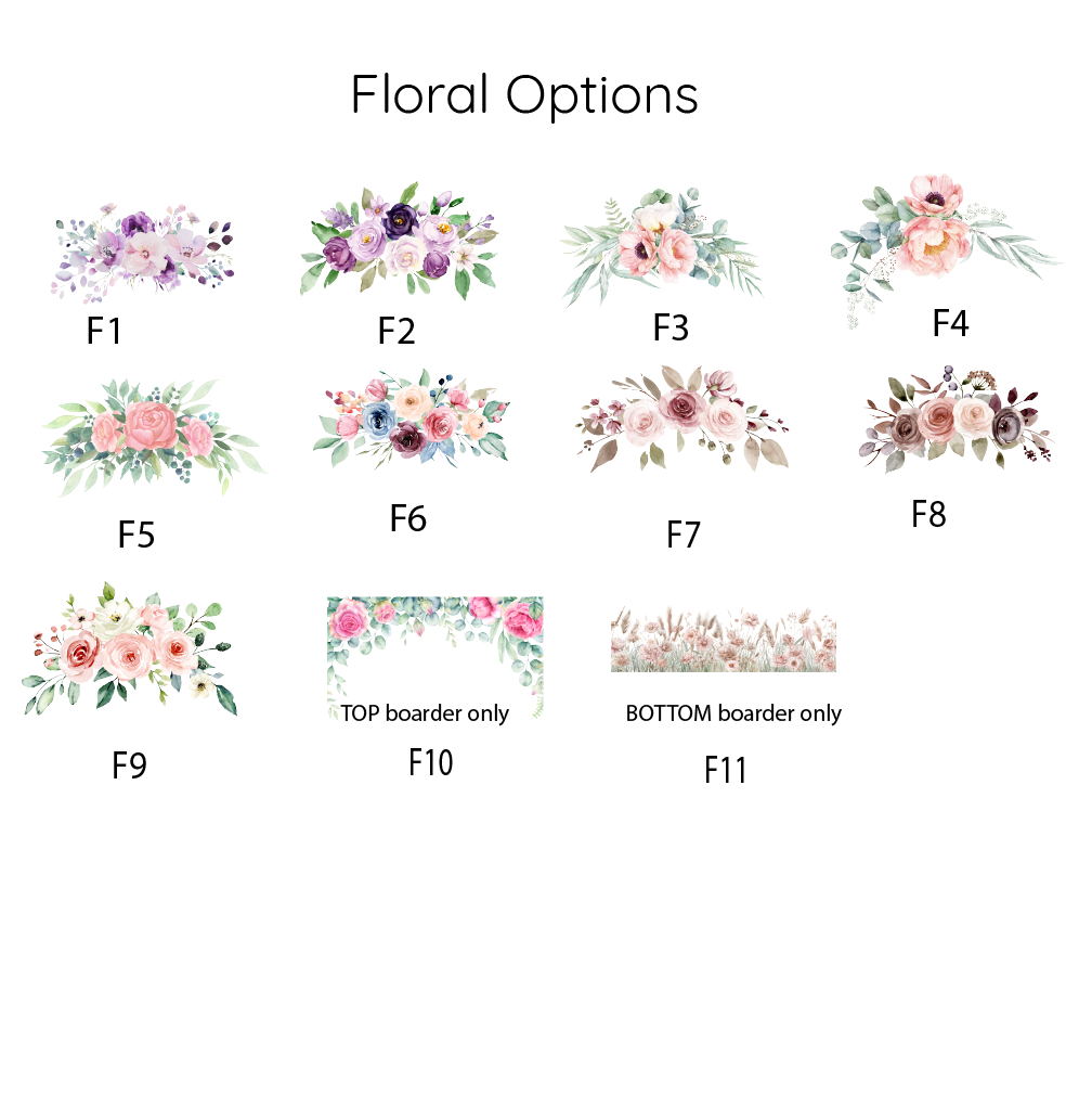 Collection of options for personalized framed baby nursery sign with custom name and birth details, neutral floral themed wall art for newborn room by Olive+Rae