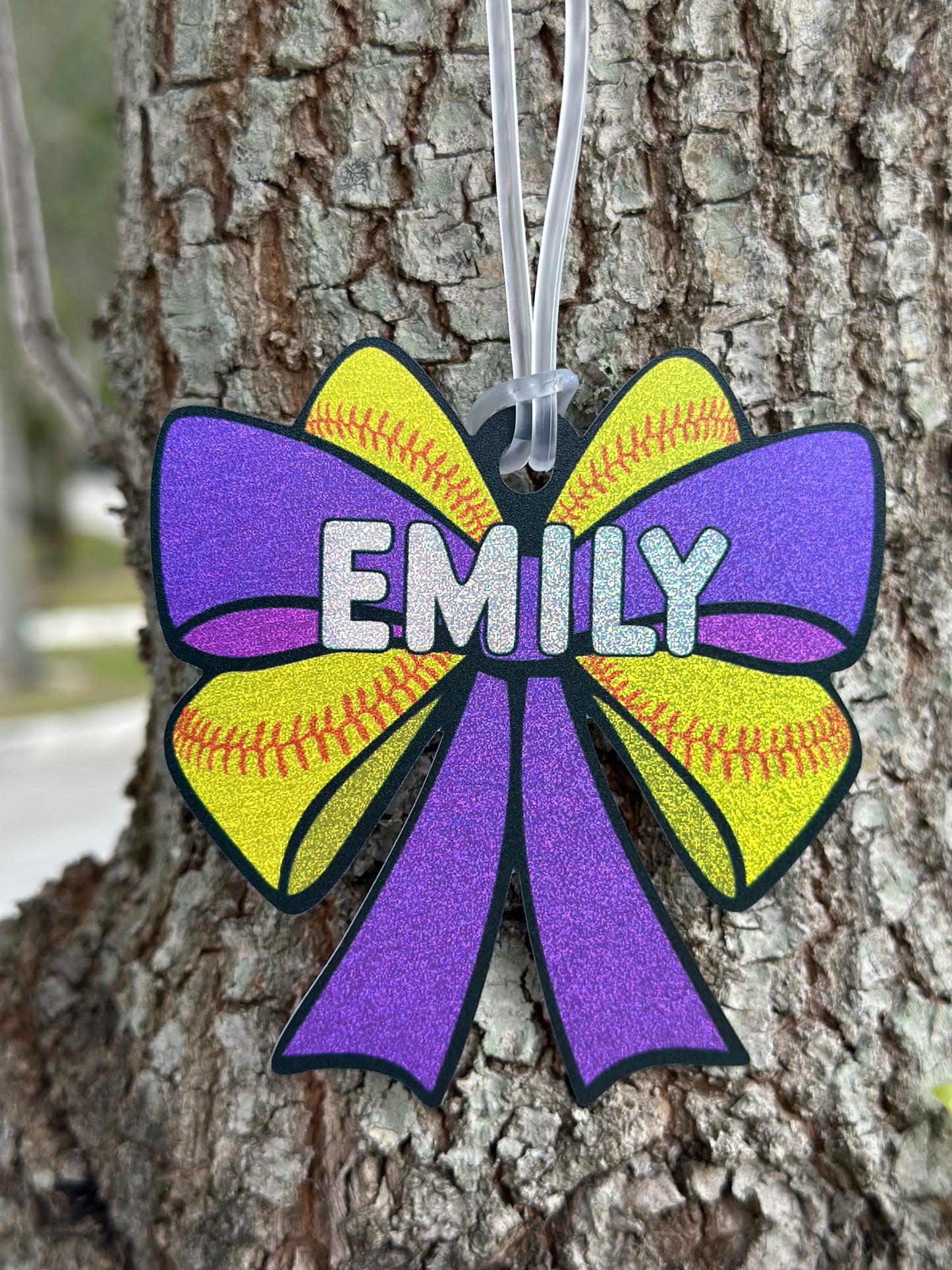 Personalized Softball Bow Bag Tag – Glitter Holographic Softball Tag with Name – Custom Team Gift
