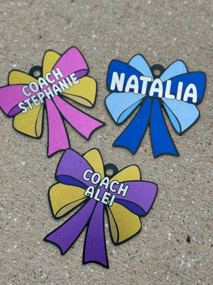 Personalized Cheer Bow Bag Tag – Glitter Holographic Cheer Tag with Name – Custom Team Gift for Cheerleaders & Squads