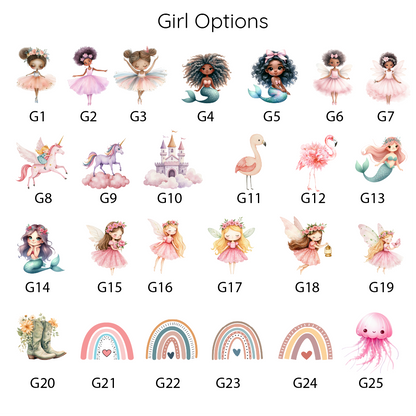 Collection of girl-themed options for personalized framed baby nursery sign with custom name and birth details, neutral wall art for newborn room by Olive and Rae