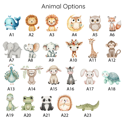 Collection of animal theme options for personalized framed baby nursery sign with custom name and birth details, neutral wall art for newborn room by Olive+Rae