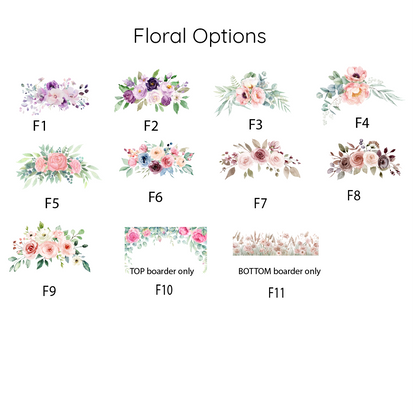 Collection of options for personalized framed baby nursery sign with custom name and birth details, neutral floral themed wall art for newborn room by Olive+Rae