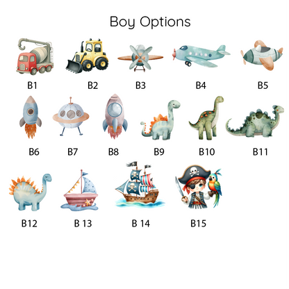 Collection of boy-themed options for personalized framed baby nursery sign with custom name and birth details, neutral wall art for newborn room by Olive + Rae