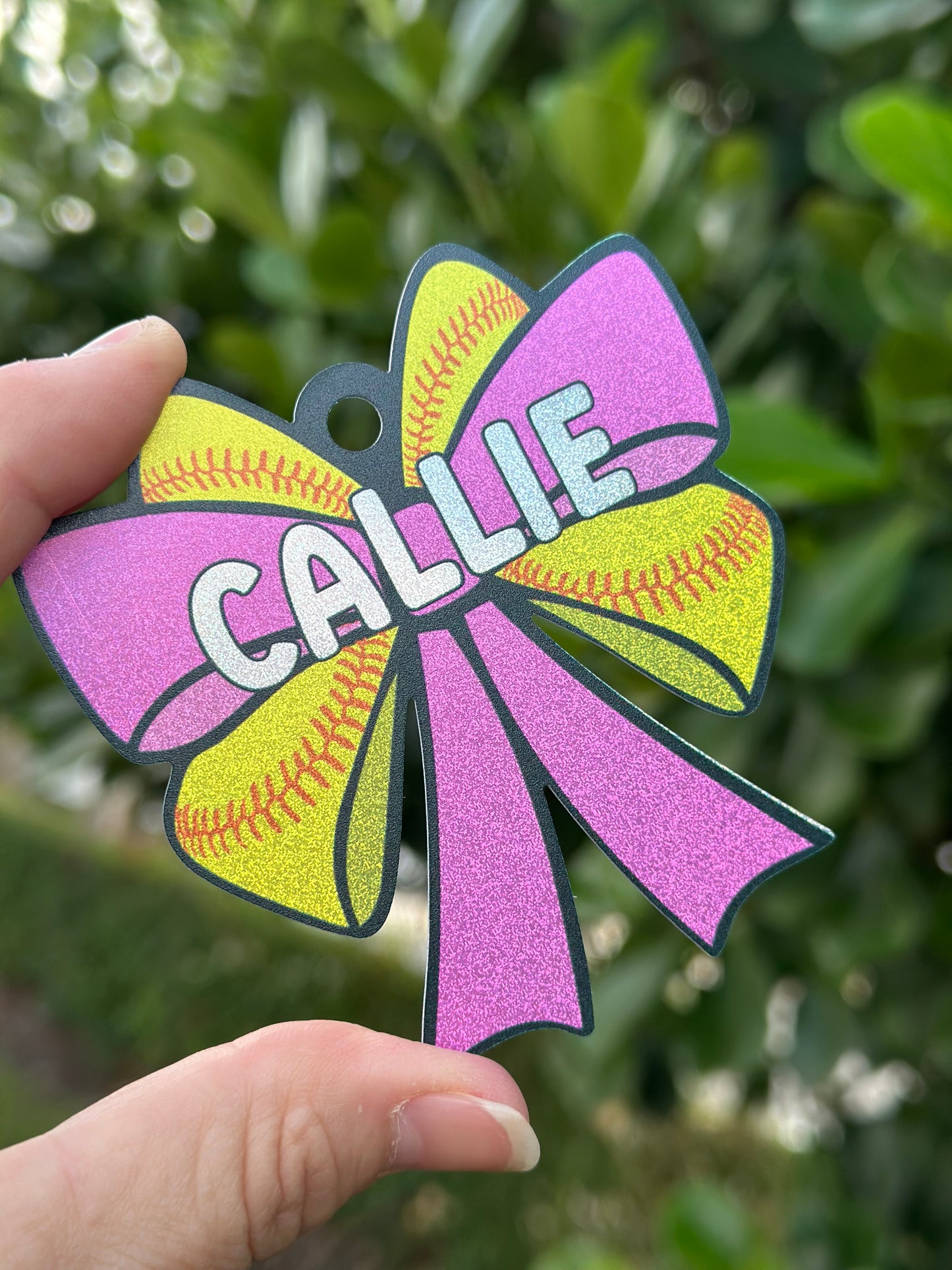 Personalized Softball Bow Bag Tag – Glitter Holographic Softball Tag with Name – Custom Team Gift