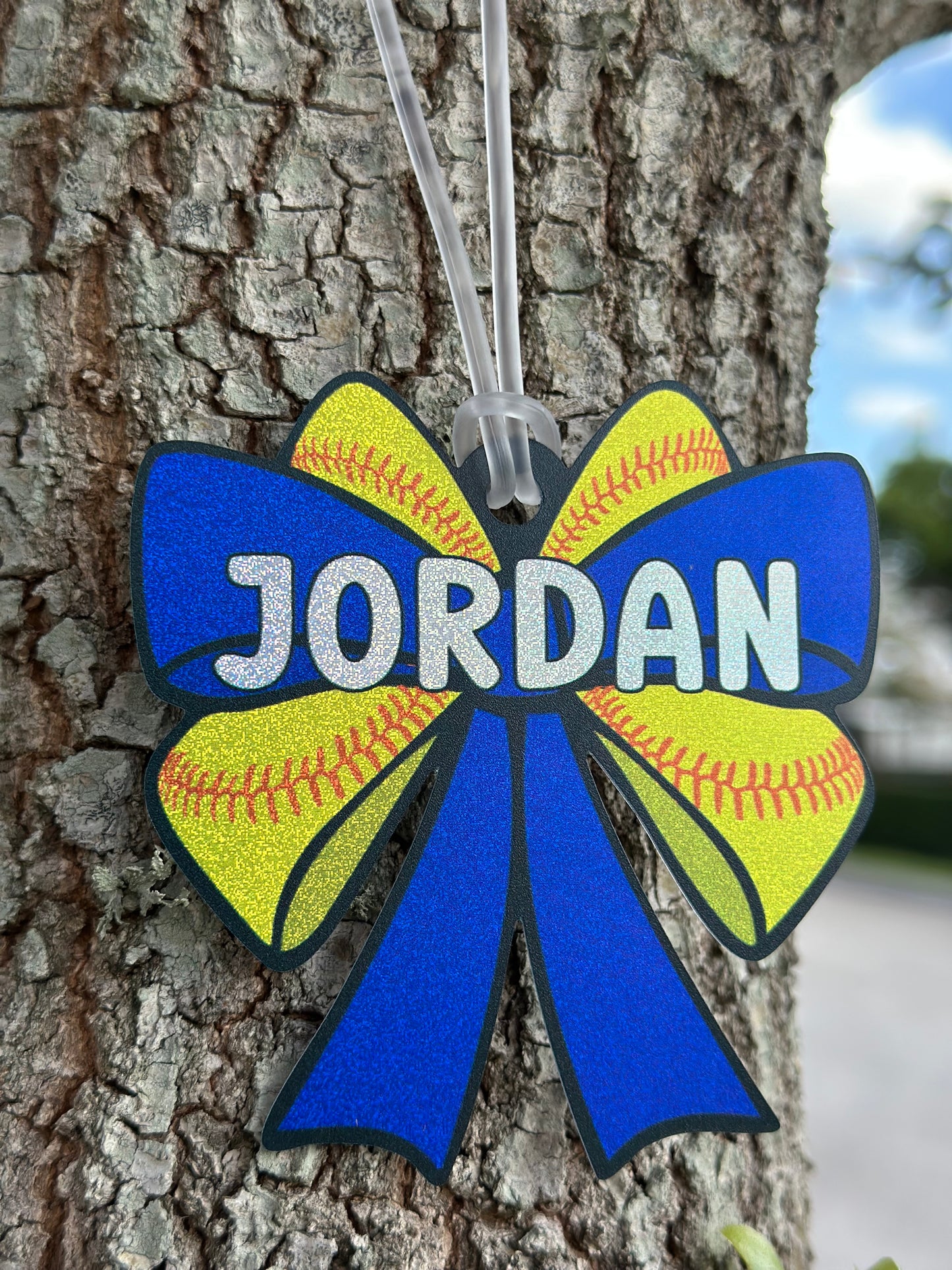 Personalized Softball Bow Bag Tag – Glitter Holographic Softball Tag with Name – Custom Team Gift