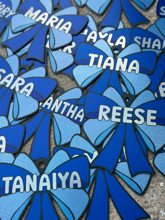 Personalized Cheer Bow Bag Tag – Glitter Holographic Cheer Tag with Name – Custom Team Gift for Cheerleaders & Squads