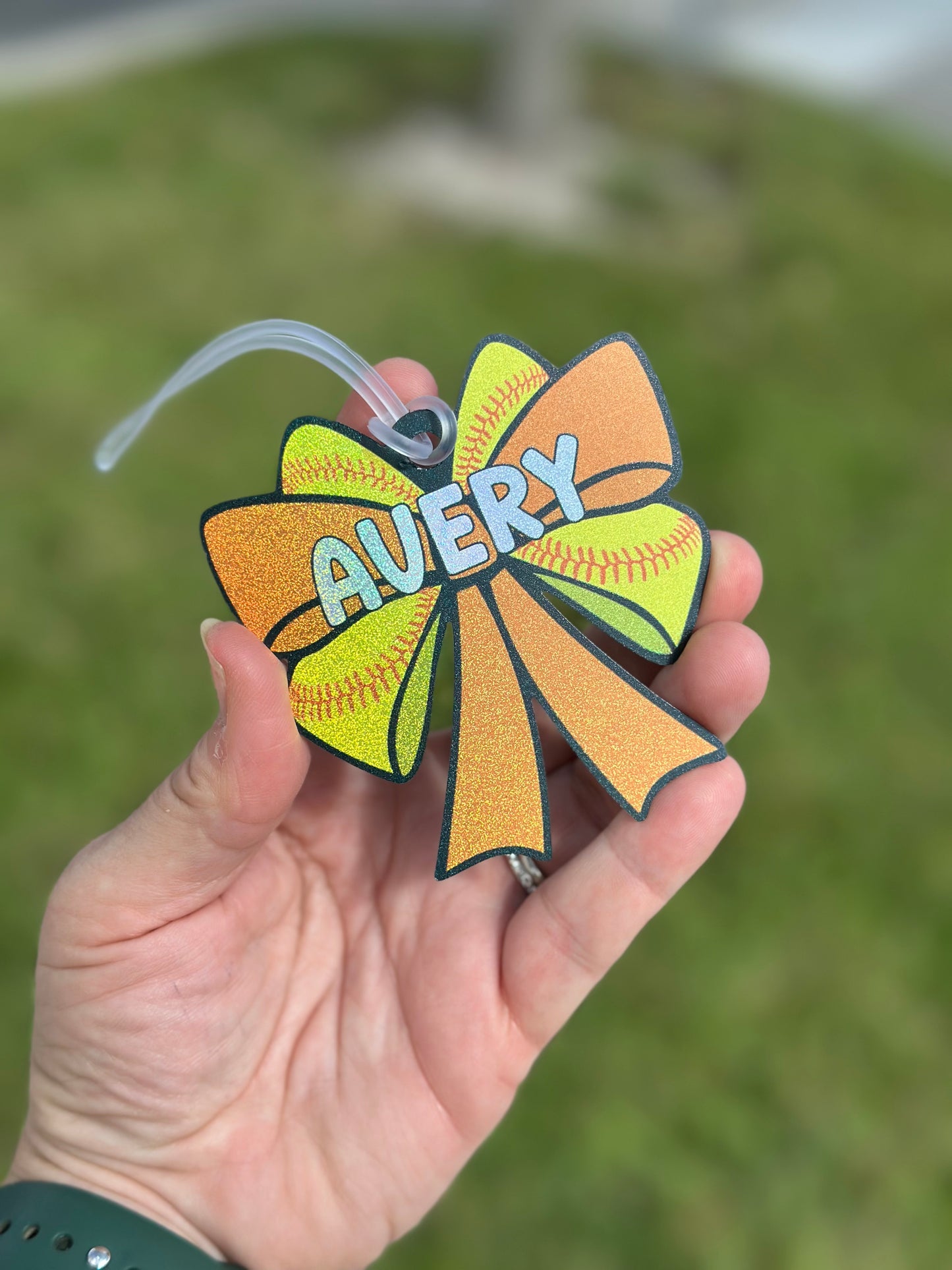Personalized Softball Bow Bag Tag – Glitter Holographic Softball Tag with Name – Custom Team Gift