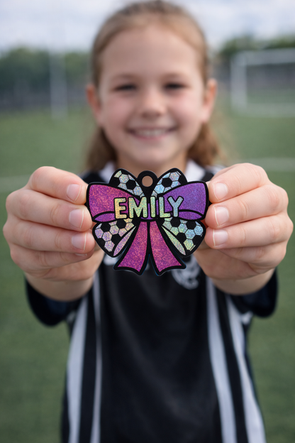 Personalized Soccer Bow Bag Tag • Glitter Holographic Team Gift