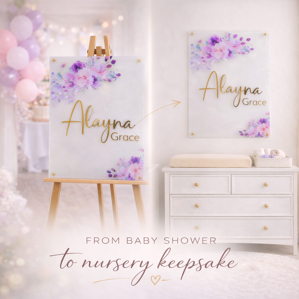 Personalized Baby Shower Welcome Sign, Frosted Acrylic Floral Name Sign, Gold Acrylic Name, Nursery Decor