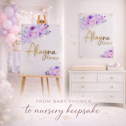 Personalized Baby Shower Welcome Sign, Frosted Acrylic Floral Name Sign, Gold Acrylic Name, Nursery Decor