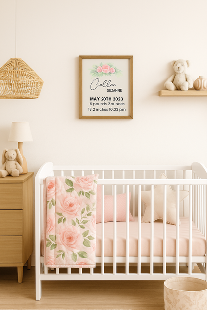 Personalized framed baby nursery sign with custom name and birth details, neutral wall art for newborn room by Olive + Rae