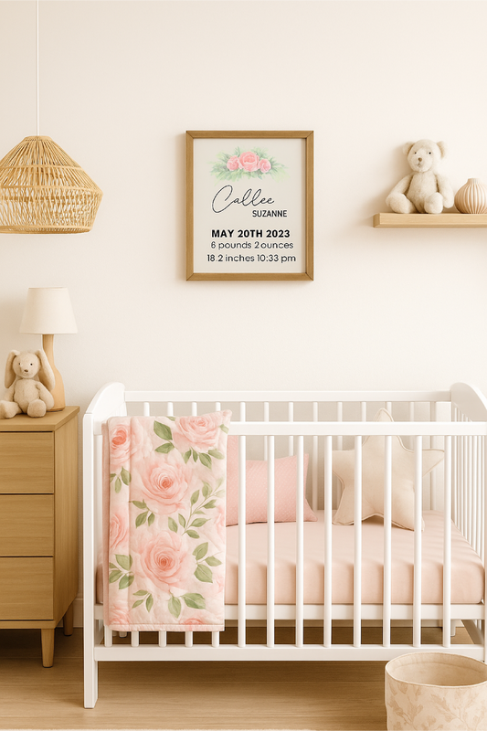 Nursery room sign with frame and baby stat and birth announcement