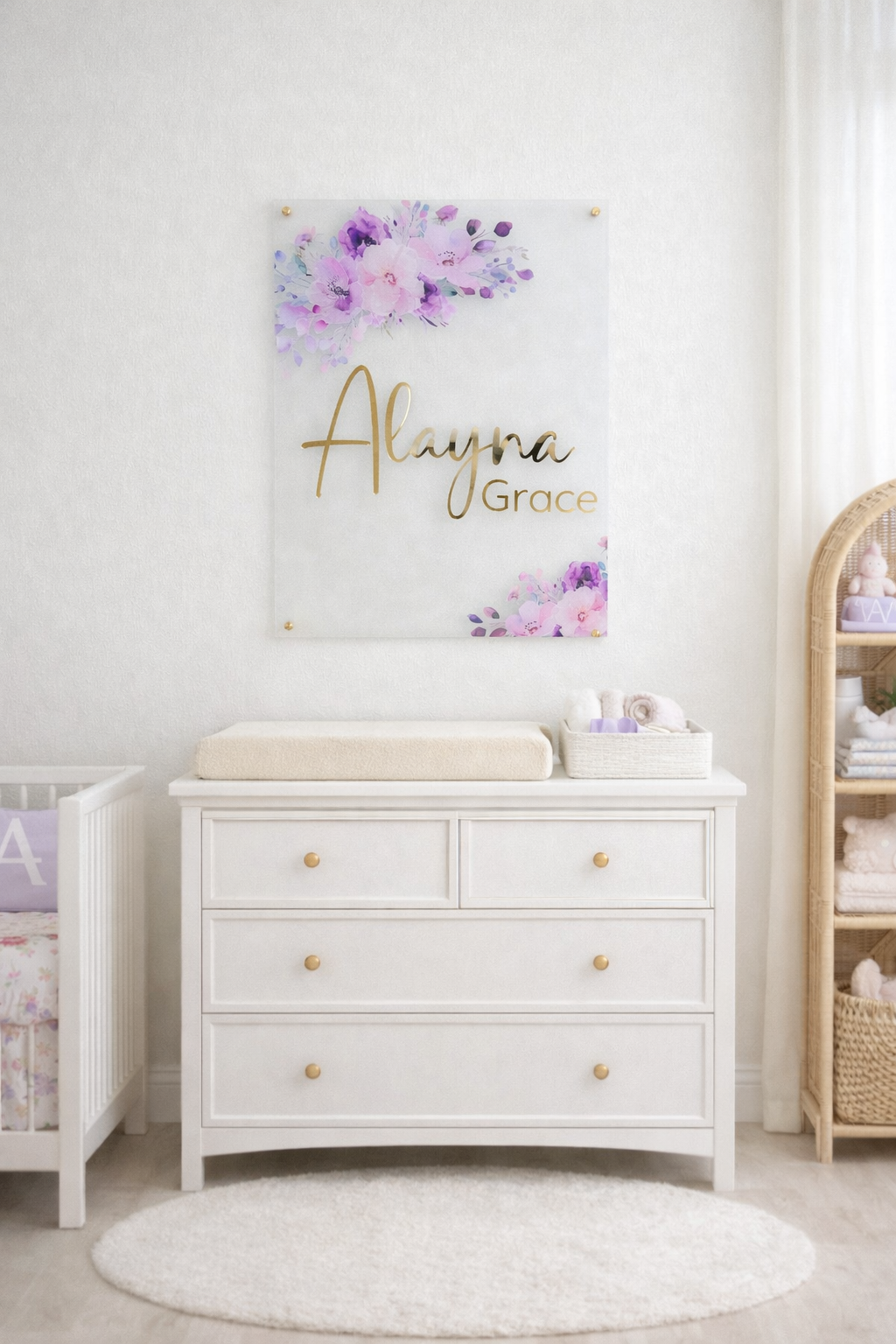 Custom floral baby shower welcome sign on frosted acrylic with gold lettering, large 20x28 nursery wall decor sign