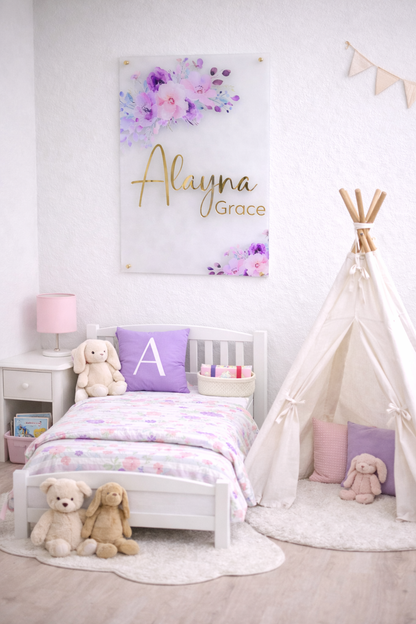 Elegant baby shower welcome sign with gold name on frosted acrylic, floral nursery decor sign for girls baby shower
