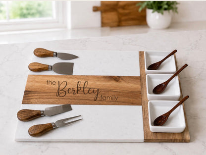 Marble and Acacia Cheese Board with Dipping Bowls and cheese knife set