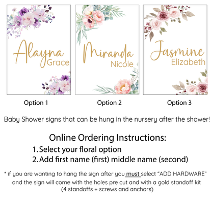 Personalized Baby Shower Welcome Sign, Frosted Acrylic Floral Name Sign, Gold Acrylic Name, Nursery Decor