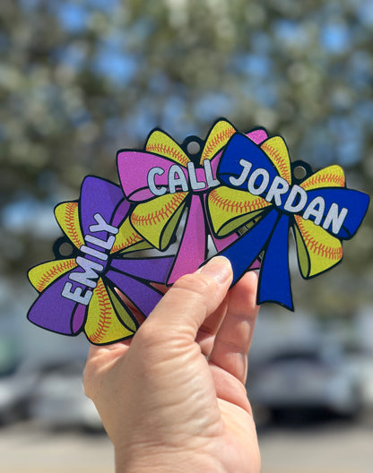 Custom Glitter Softball Bow Bag Tags | Personalized Team Gifts for Softball Players