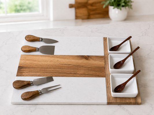 Personalized Marble & Acacia Wood Charcuterie Board Set with Cheese Knives & Dipping Bowls | Wedding, Housewarming & Closing Gift