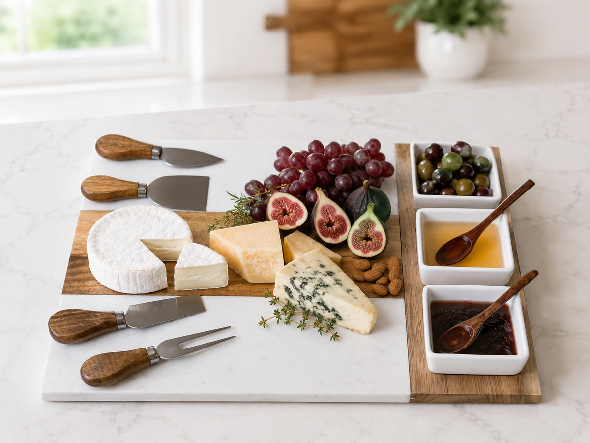 Personalized marble and acacia wood charcuterie board set with three ceramic dipping bowls, spoons and four cheese knives