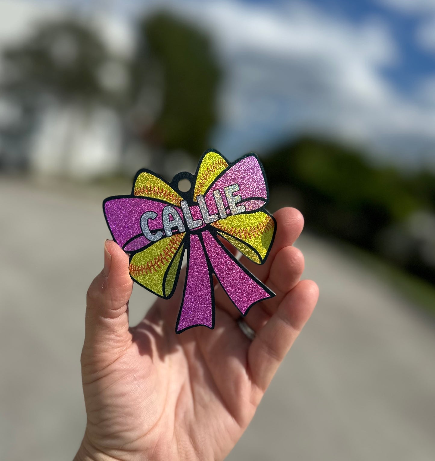Personalized Softball Bag Tag in Pink Glitter Bow