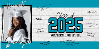 A custom printed graduation banner featuring a photo of a graduate, with space for signatures. The banner comes in multiple colors to match school, featuring text and signature space.