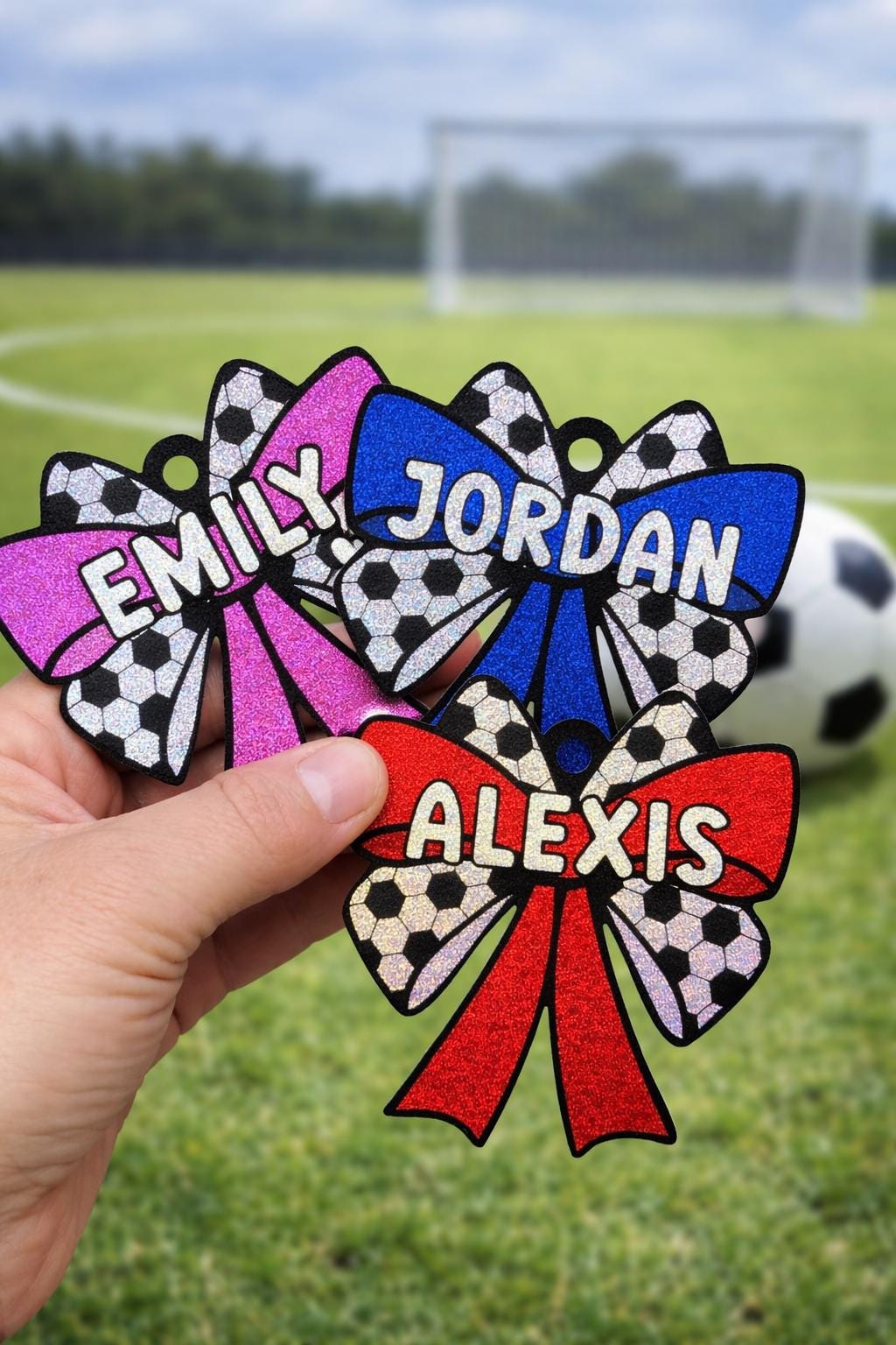 Personalized Soccer Bow Bag Tag • Glitter Holographic Team Gift
