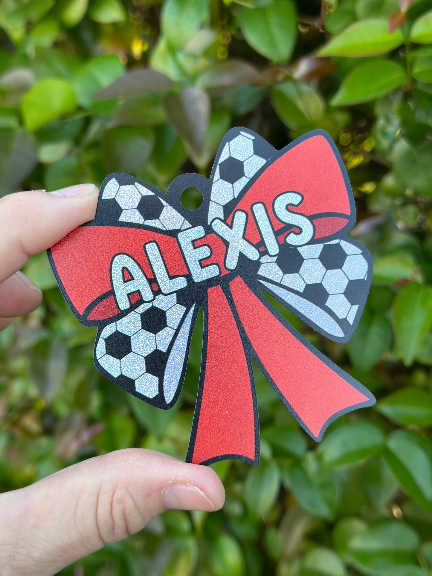 Personalized Soccer Bow Bag Tag • Glitter Holographic Team Gift