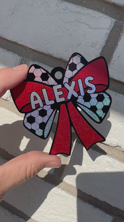 Personalized Soccer Bow Bag Tag • Glitter Holographic Team Gift